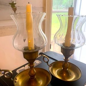Pair of Solid Brass Candleholders with Hurricane style Glass